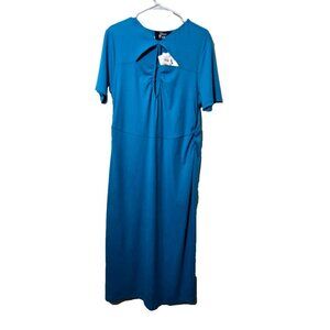 Nina Parker Midi Dress 2X Blue Cut Out Stretch Ribbed Ruched Short Sleeve Casual